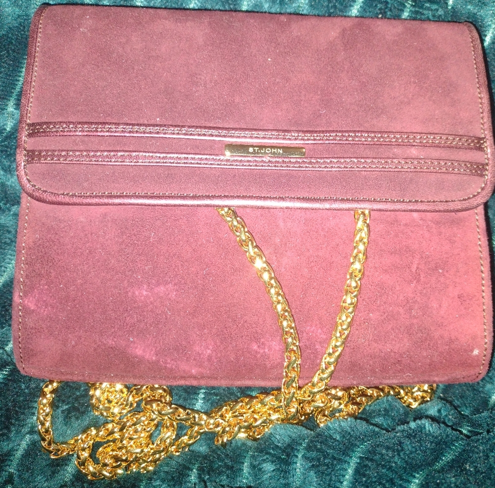 St. John Plum Suede Clutch with Gold Chain
